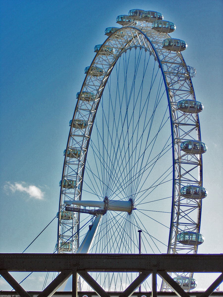 London Eye von der Fußgängerbrücke an der Hungerford Bridge aus